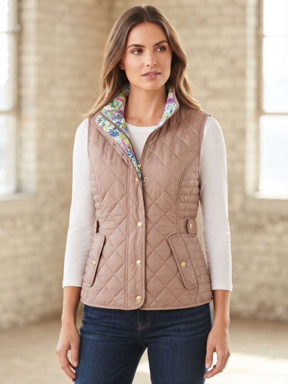 Lilly Pulitzer Quilted Taupe Puffer Vest Gold Hardware Colorful Floral Lining